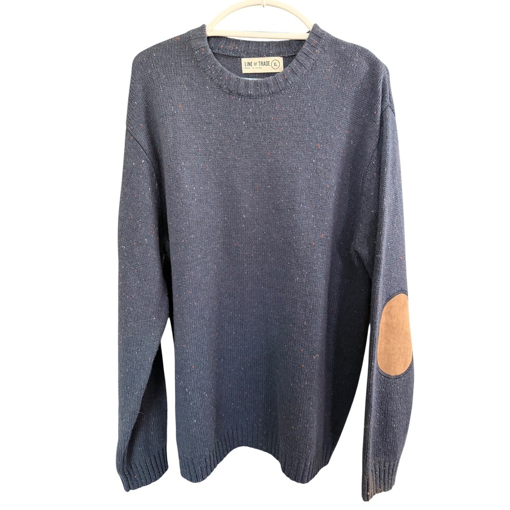Line of Trade Wool Blend‎ Sweater XL Blue Speckled Elbow Patch Fisherman Grandpa